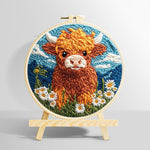 Highland cow, mountains and daisies punch needle kit for beginners