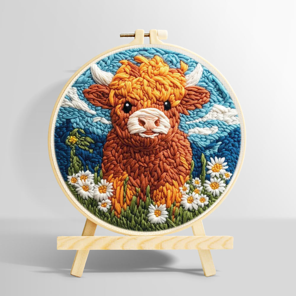 Highland cow, mountains and daisies punch needle kit for beginners