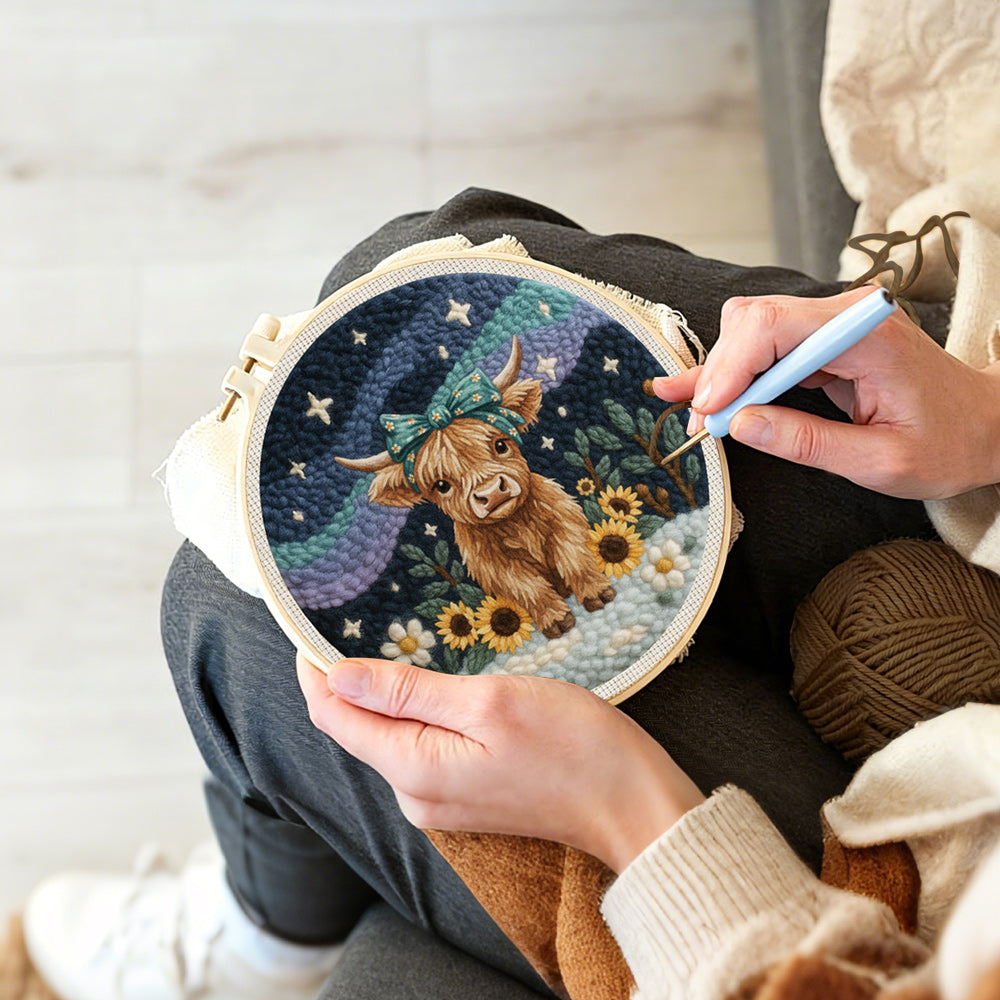 Creating handmade highland cow, mountains and sunflowers punch needle artwork