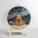 Highland cow, mountains and sunflowers punch needle kit for beginners