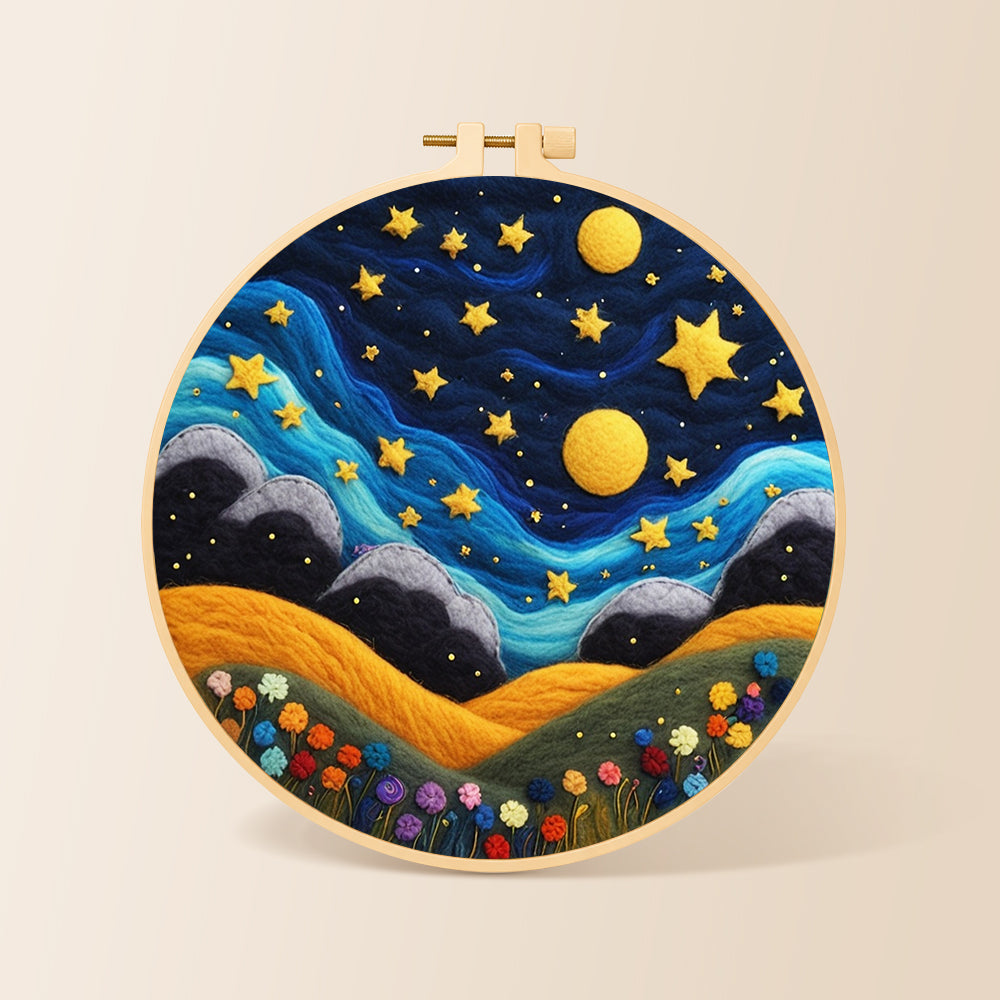 Hills under the whimsical night sky needle felting kit for beginners with a round wooden frame
