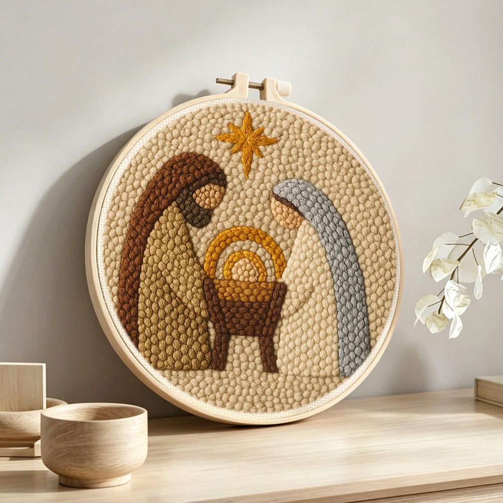 Holy night nativity punch needle artwork displayed on a table