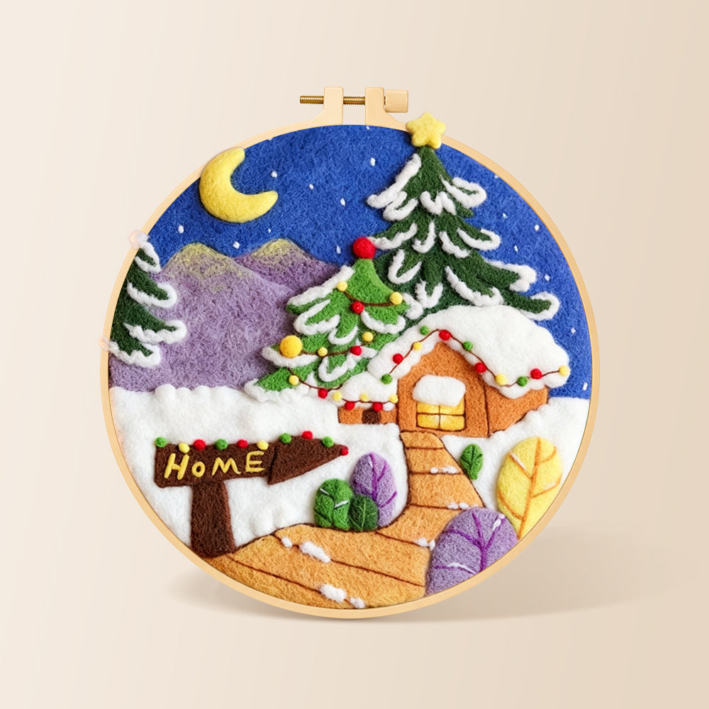 "Home" sign and christmas tree cabin needle felting kit for beginners with a round wooden frame