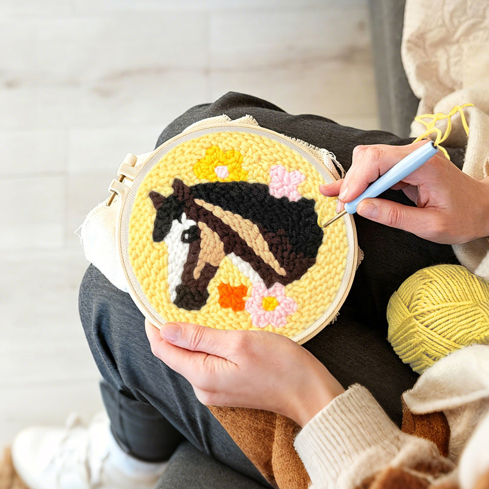 Creating handmade horse and colourful flowers punch needle artwork