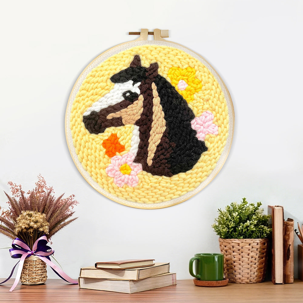 Finished horse and colourful flowers artwork displayed on a wall