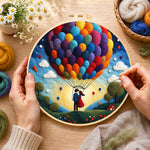 Creating the hot air balloon and romantic couple wool painting by hand with a felting needle