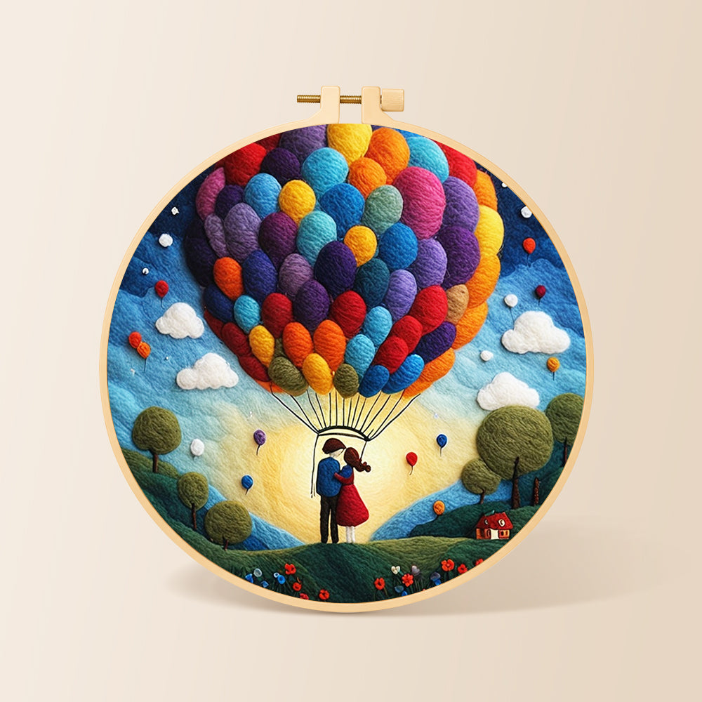Hot air balloon and romantic couple needle felting kit for beginners with a round wooden frame