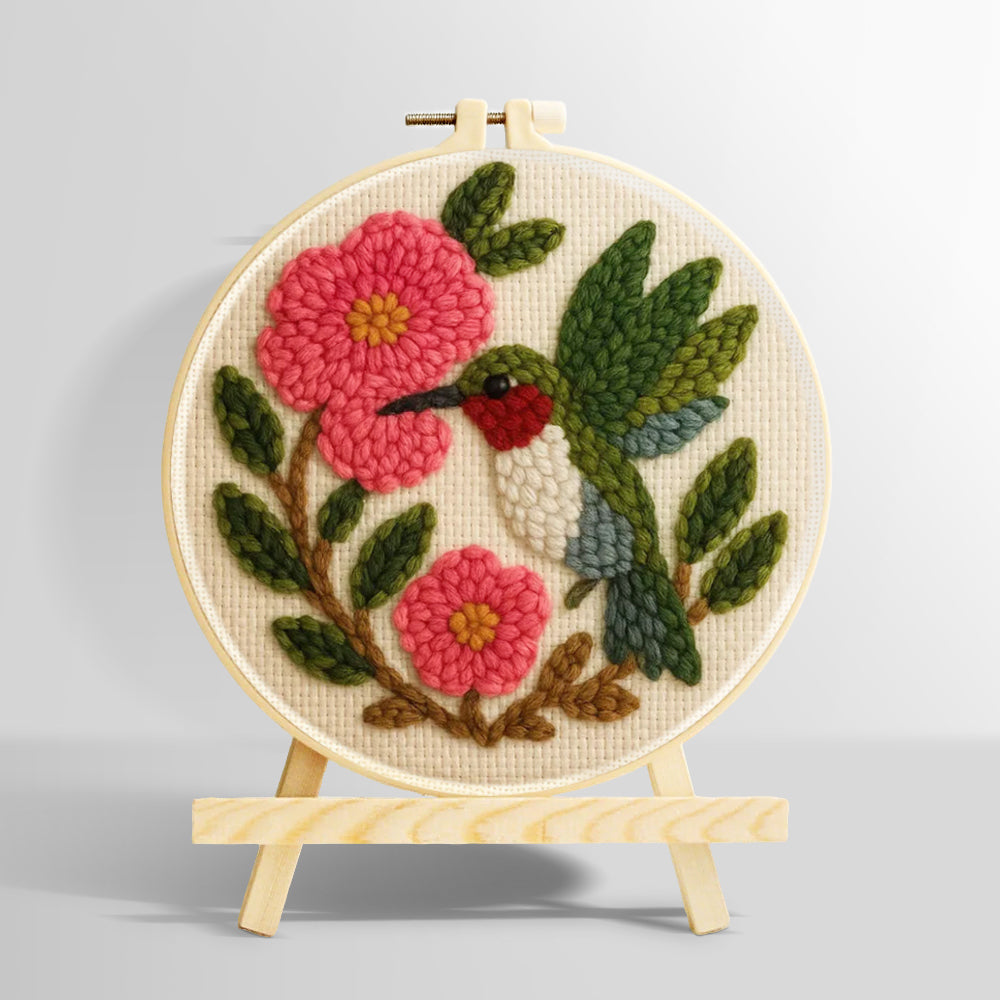 Hummingbird and pink flowers punch needle kit for beginners