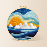 Icebergs at sunset needle felting kit for beginners with a round wooden frame