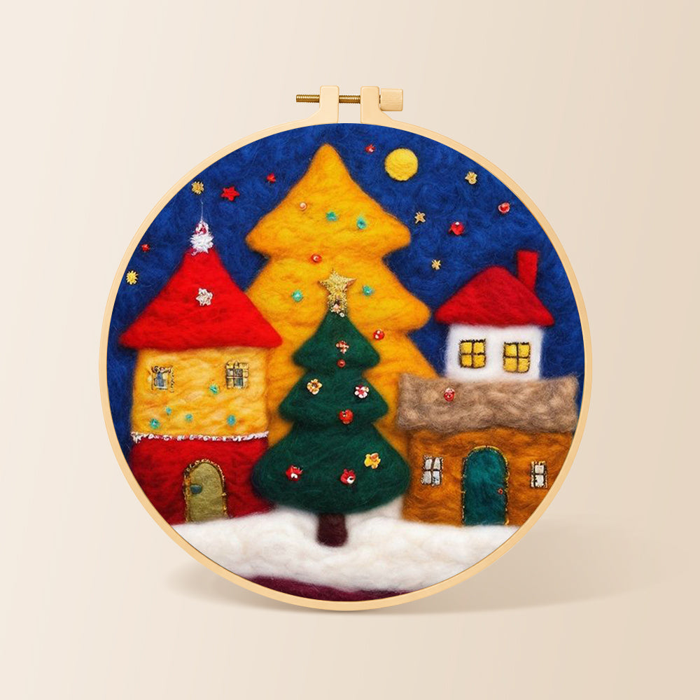 Illuminated christmas village needle felting kit for beginners with a round wooden frame