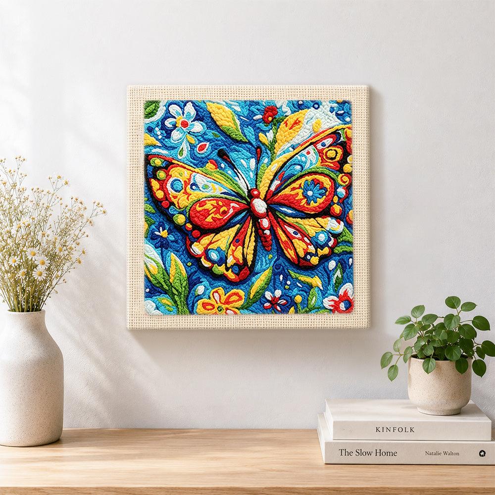 Finished intricate floral butterfly artwork displayed on a wall