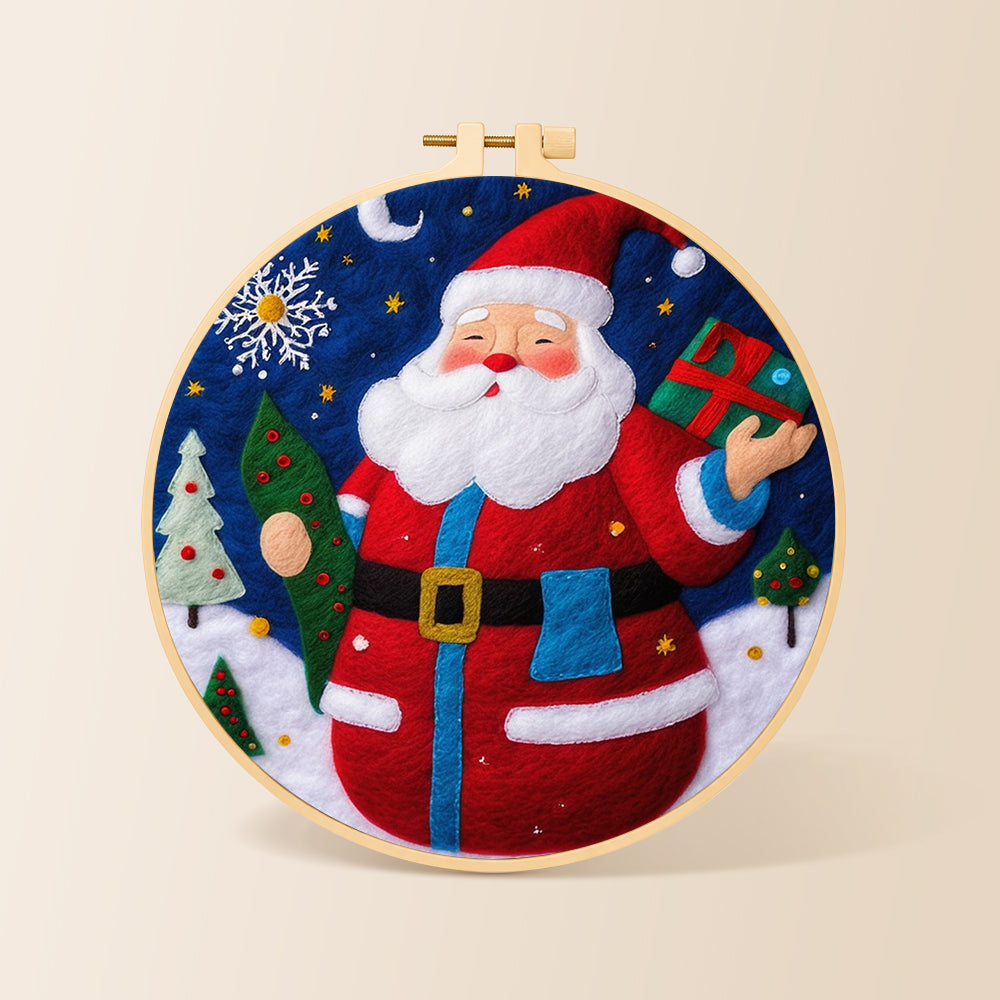 Jolly santa holding gift and tree needle felting kit for beginners with a round wooden frame