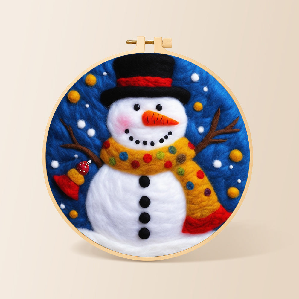 Jolly snowman with top hat and scarf needle felting kit for beginners with a round wooden frame