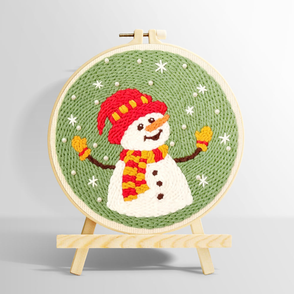 Joyful snowman in winter hat punch needle kit for beginners