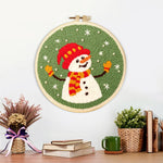 Finished joyful snowman in winter hat artwork displayed on a wall