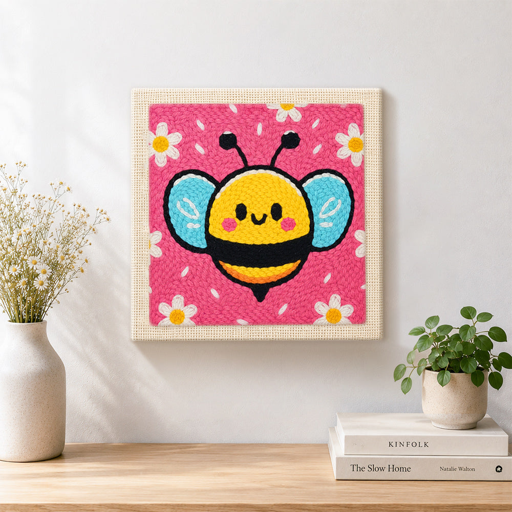 Finished kawaii blue-winged bee artwork displayed on a wall