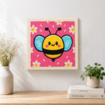 Finished kawaii blue-winged bee artwork displayed on a wall