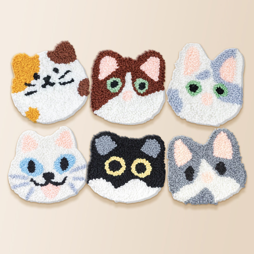 Kawaii chubby cats punch needle coaster kit finished handmade coasters