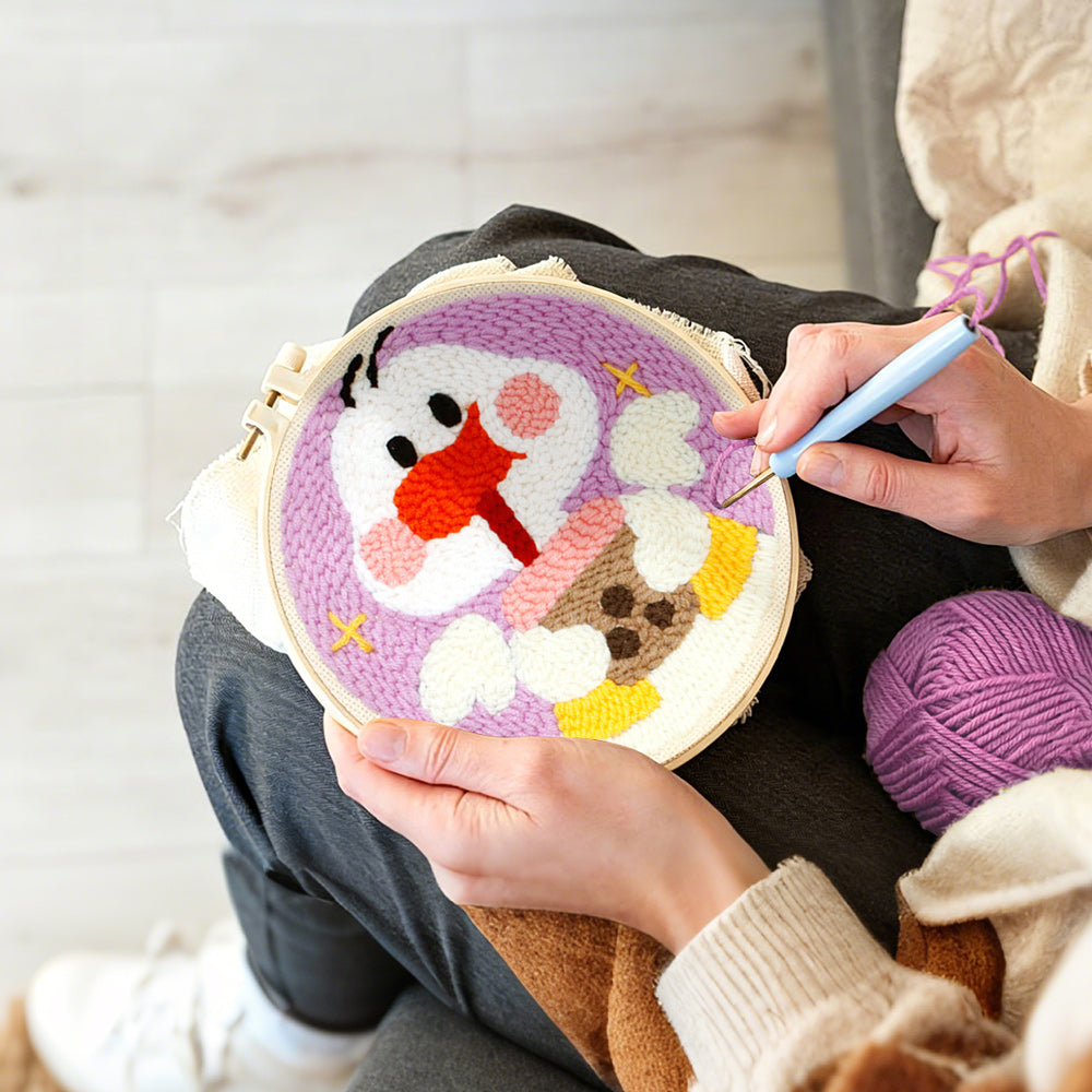 Creating handmade kawaii duck with milk tea punch needle artwork