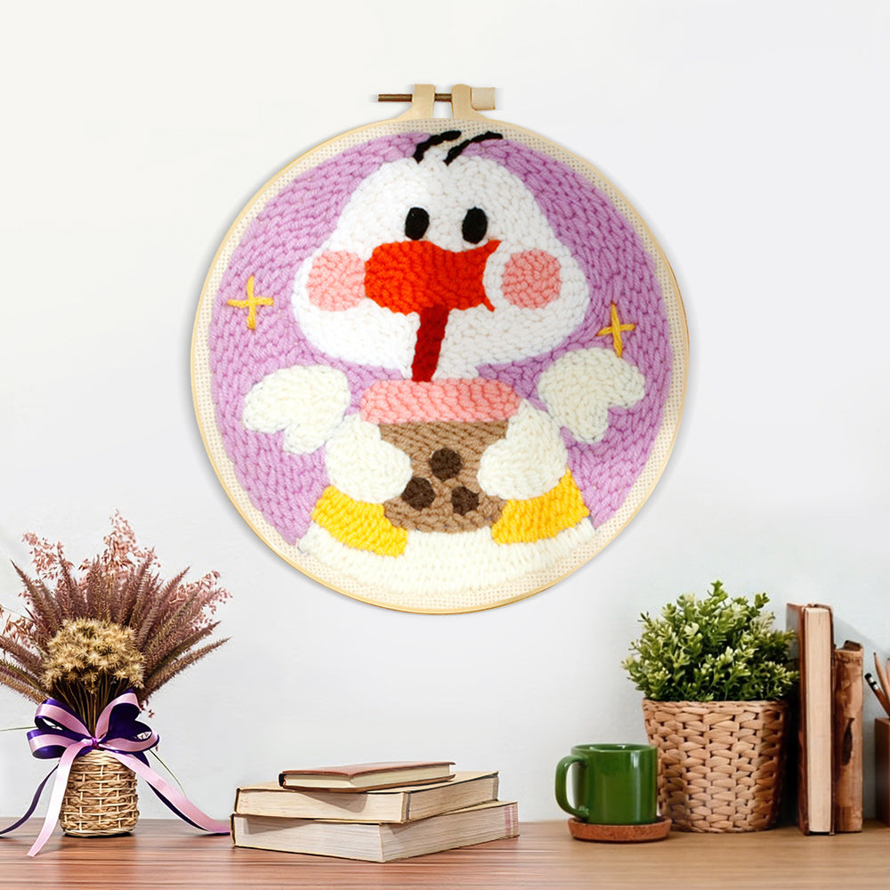Finished kawaii duck with milk tea artwork displayed on a wall