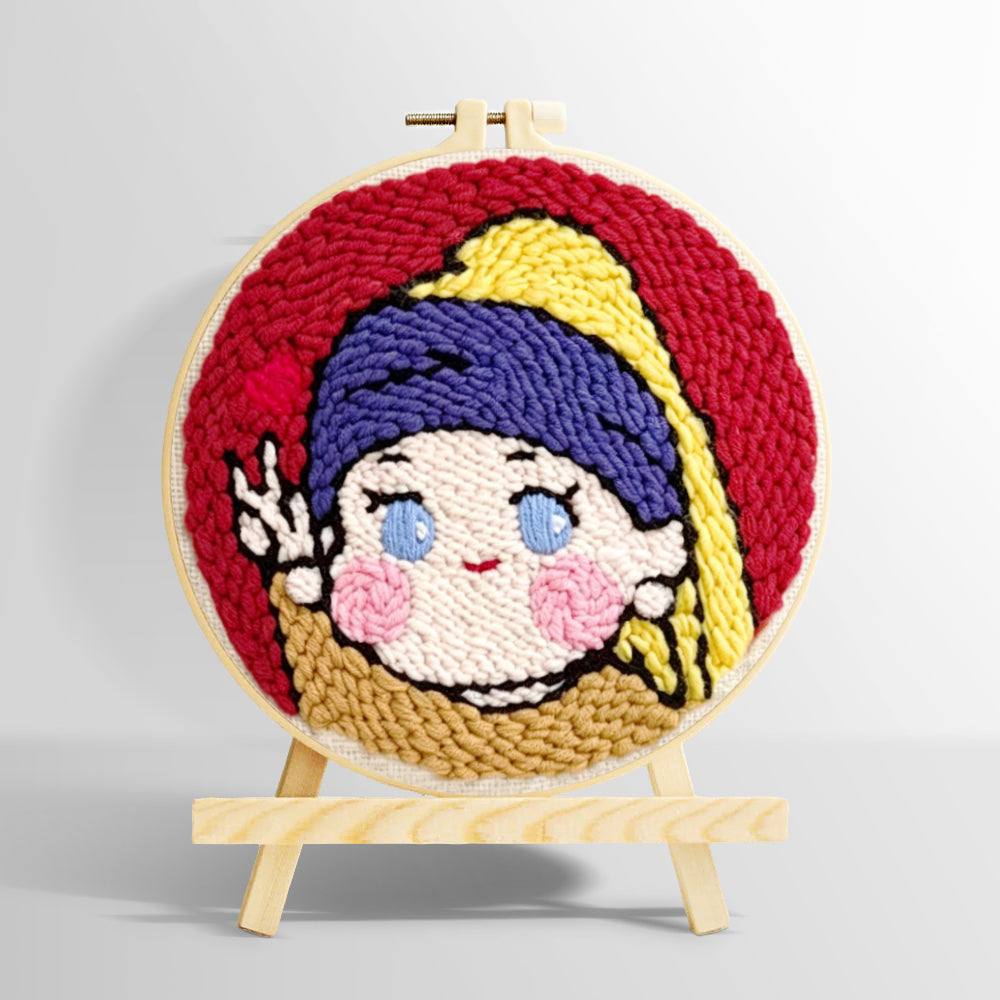 Kawaii "girl with a pearl earring" parody punch needle kit for beginners