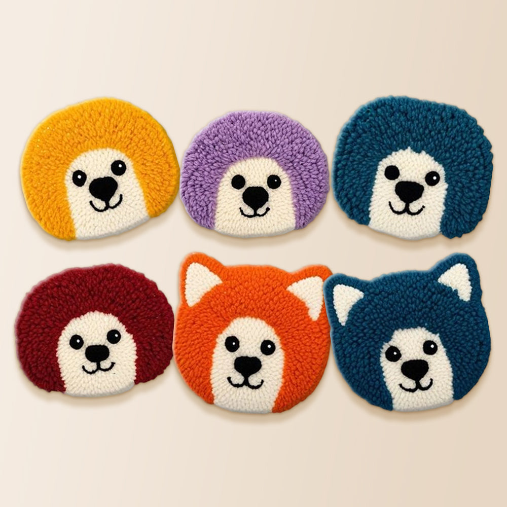 Kawaii hedgehogs and bears punch needle coaster kit finished handmade coasters