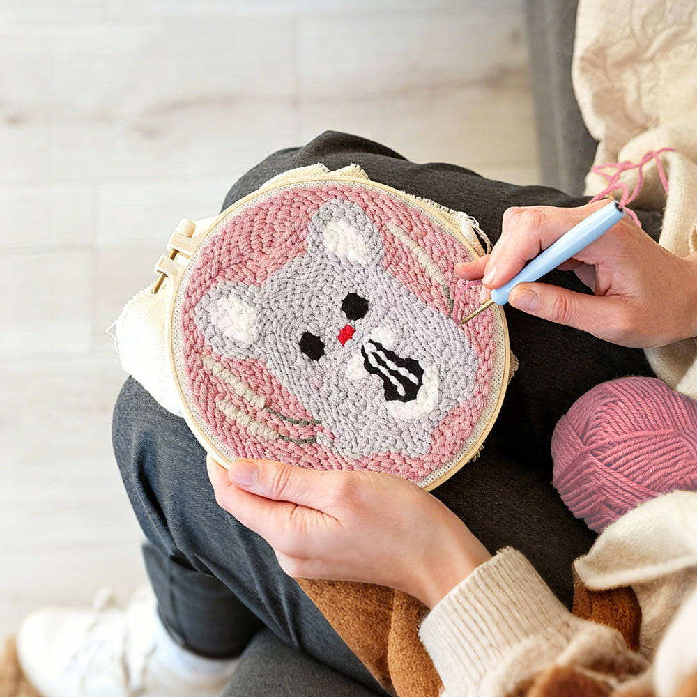 Creating handmade kawaii mouse punch needle artwork