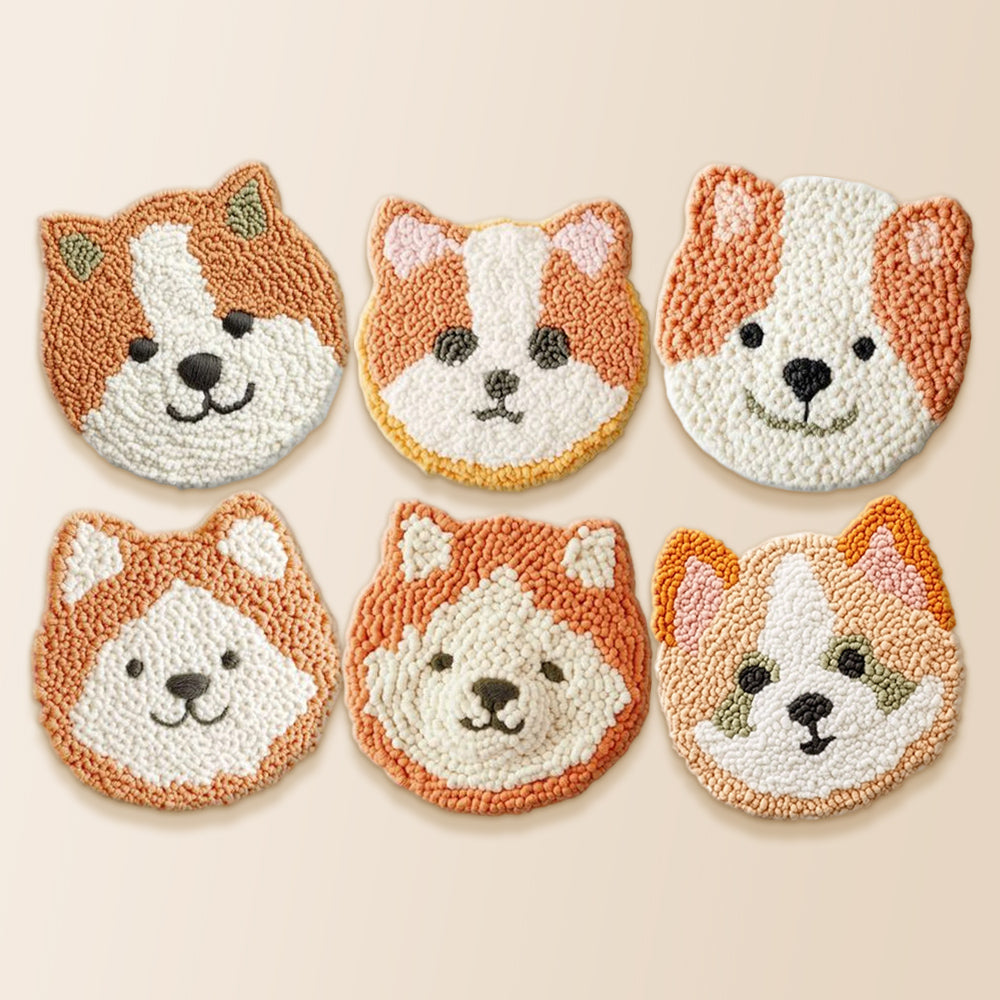 Kawaii puppy faces punch needle coaster kit finished handmade coasters