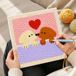 Creating handmade kissing puppies with red heart punch needle artwork