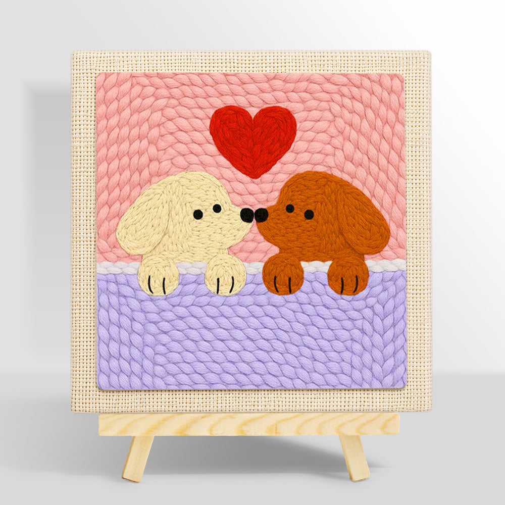Kissing puppies with red heart punch needle kit for beginners