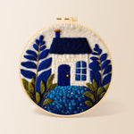 Klein blue and white cottage needle felting kit for beginners with a round wooden frame