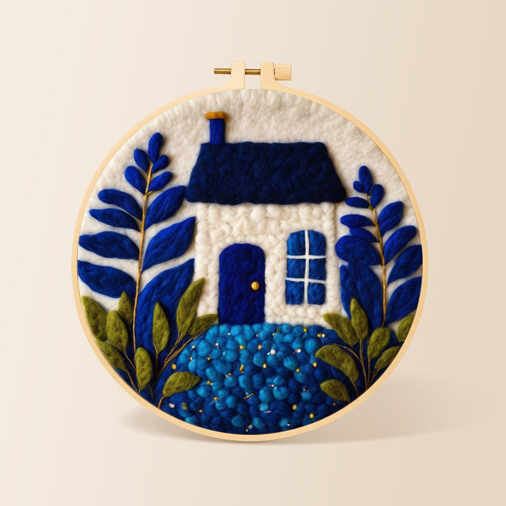 Klein blue and white cottage needle felting kit for beginners with a round wooden frame