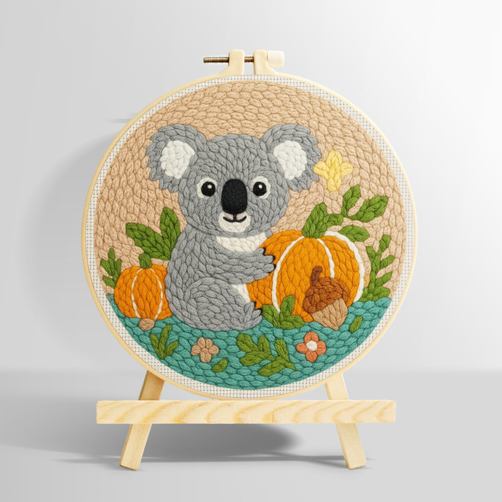 Koala and pumpkins in autumn punch needle kit for beginners