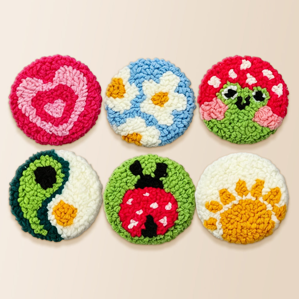 Ladybug, heart and yin yang punch needle coaster kit finished handmade coasters