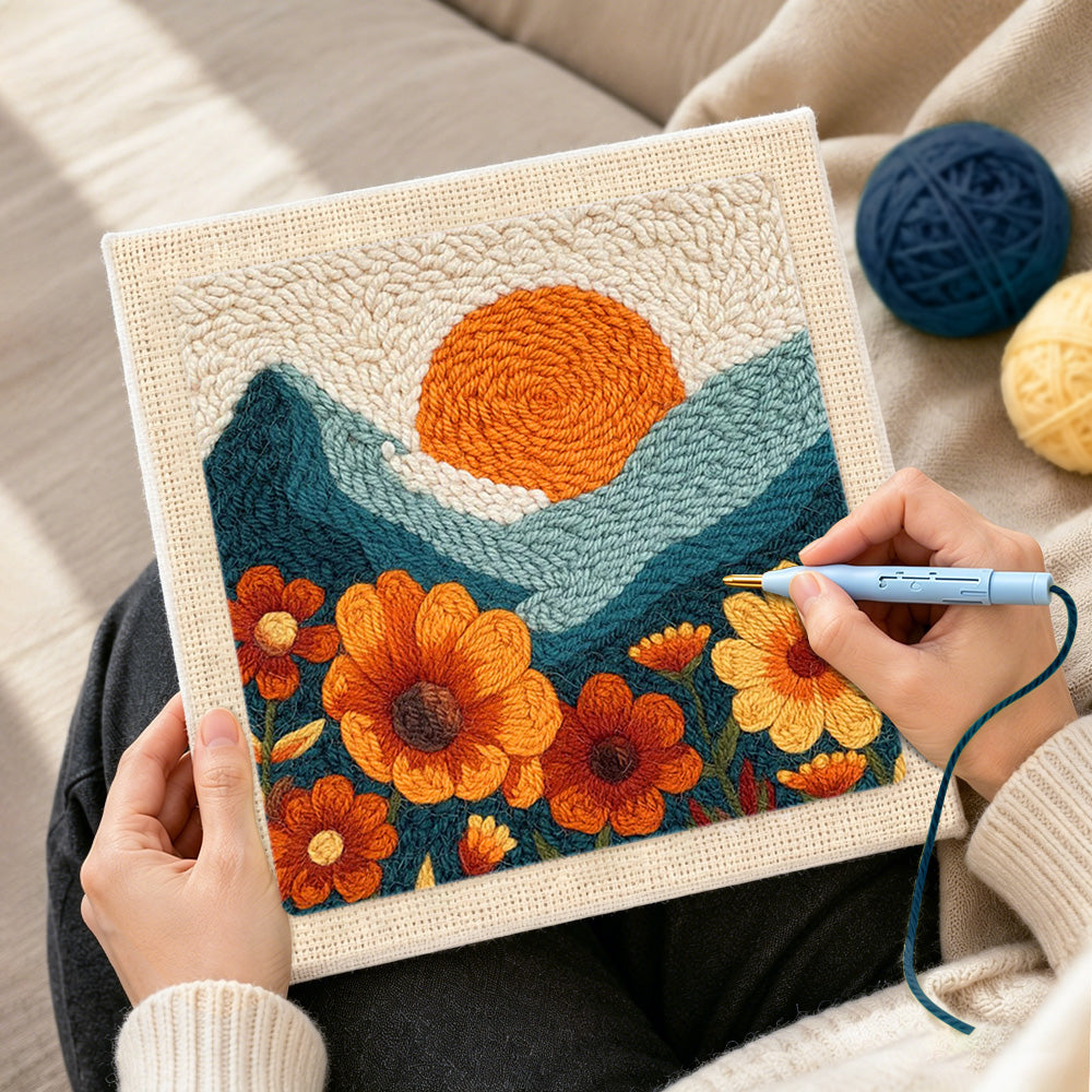 Creating handmade large marigold flowers and setting sun punch needle artwork