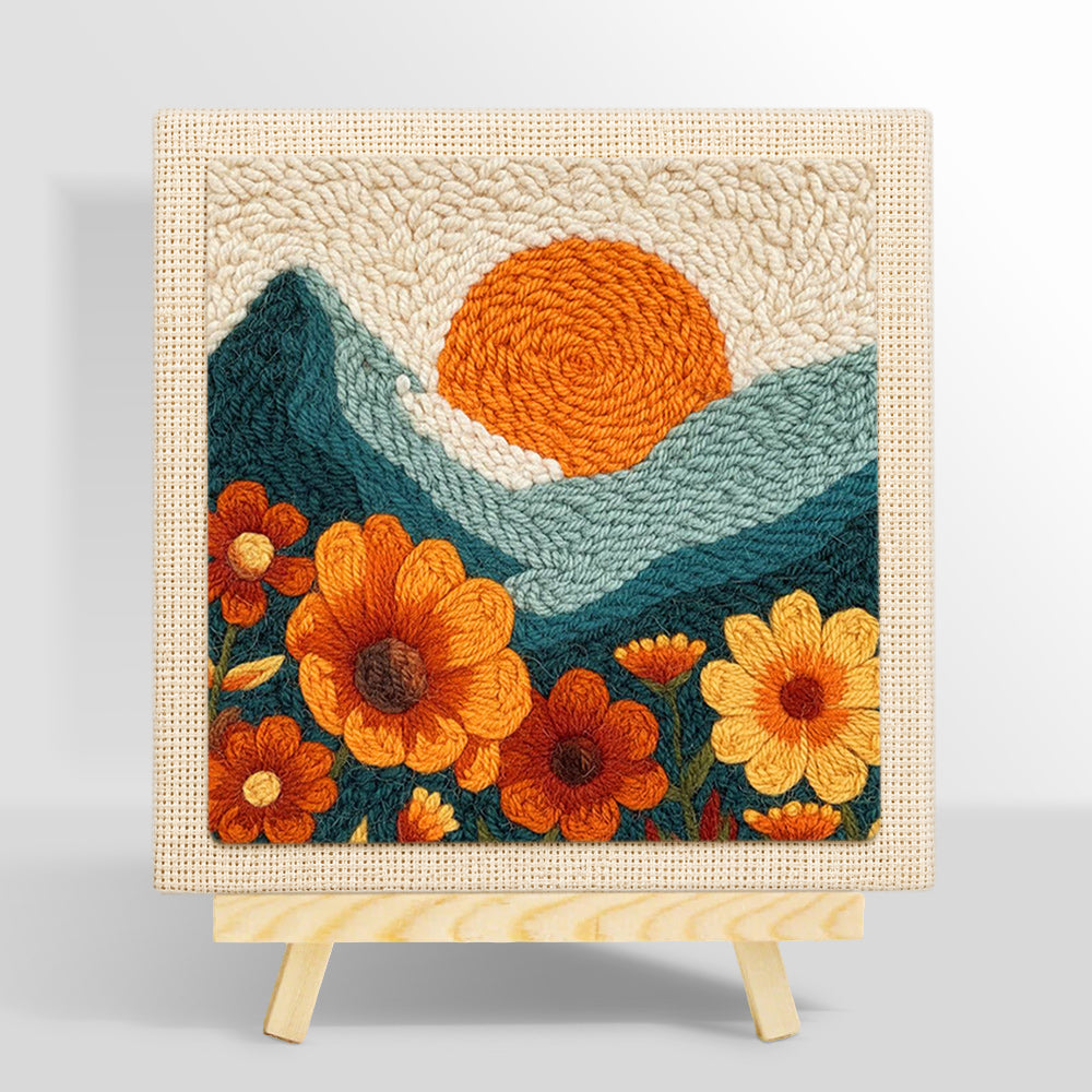 Large marigold flowers and setting sun punch needle kit for beginners