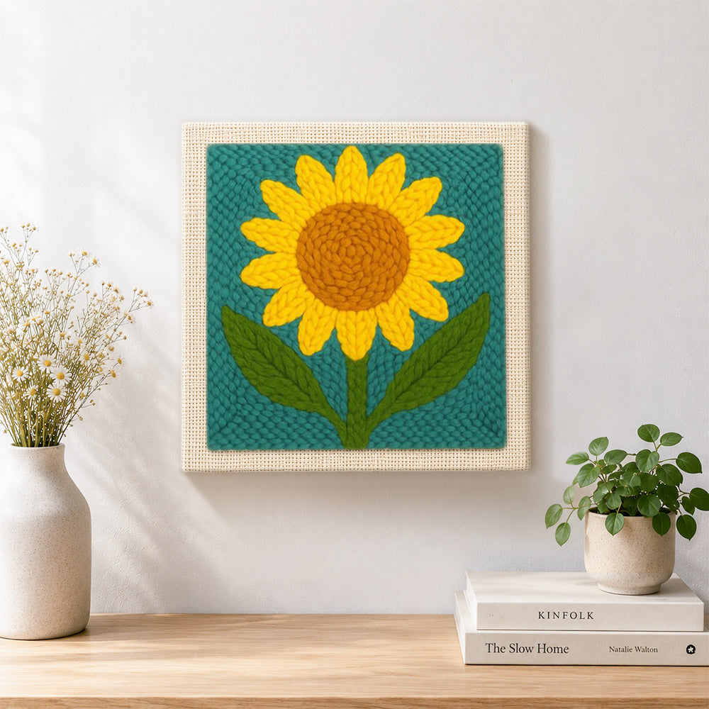 Finished large single sunflower artwork displayed on a wall