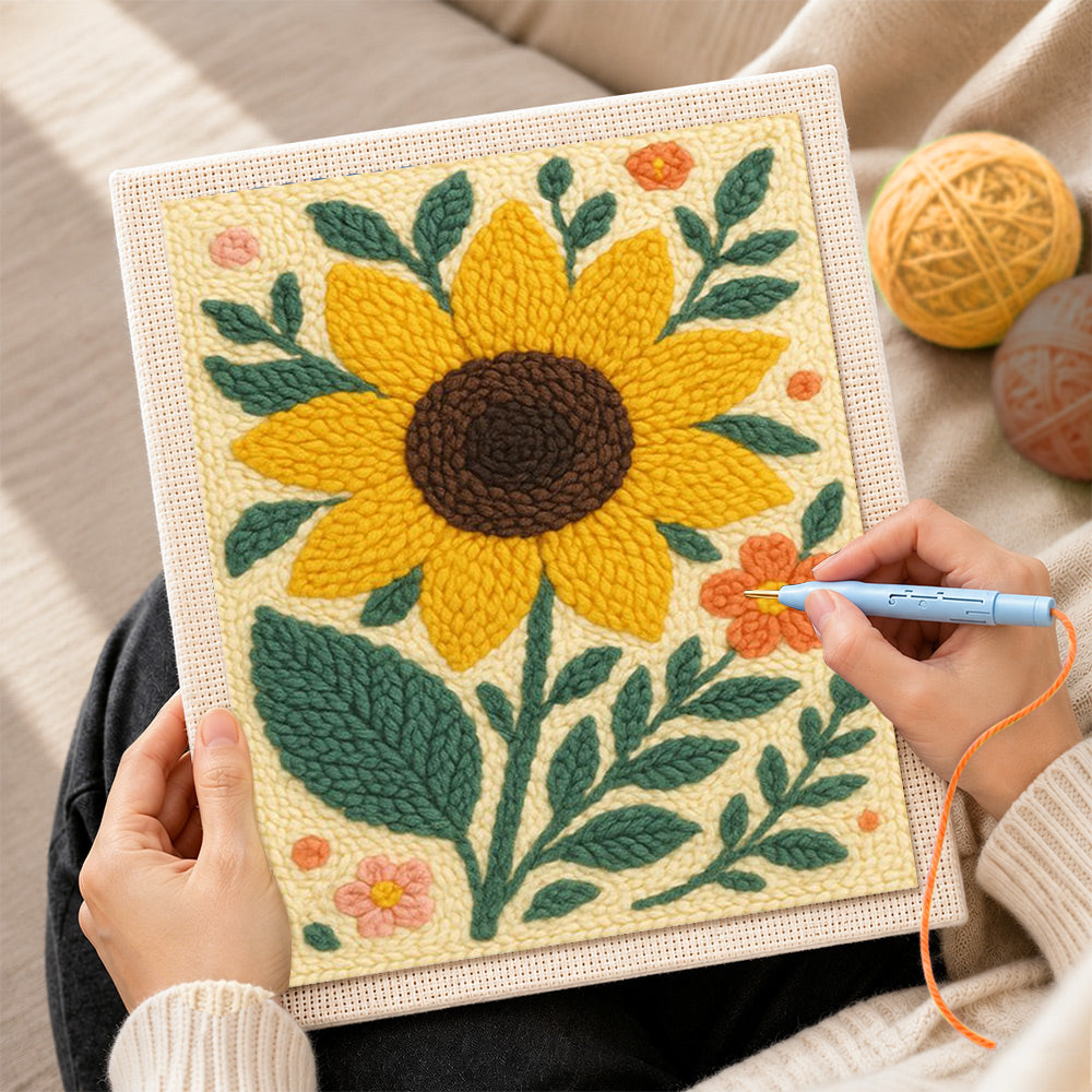 Creating handmade large sunflower and ditsy florals punch needle artwork