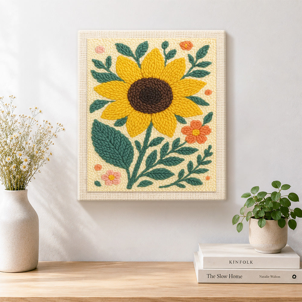 Finished large sunflower and ditsy florals artwork displayed on a wall