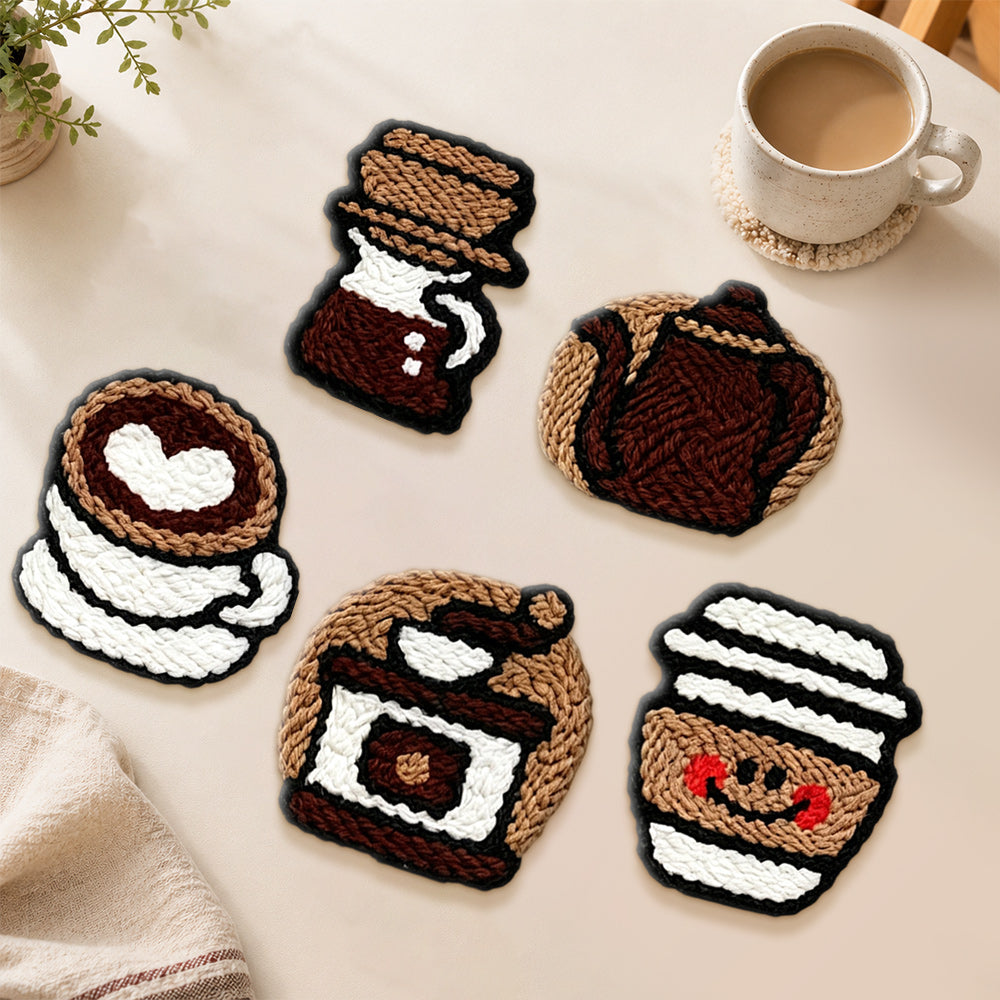 Latte, teapot and coffee punch needle coasters used for home decoration
