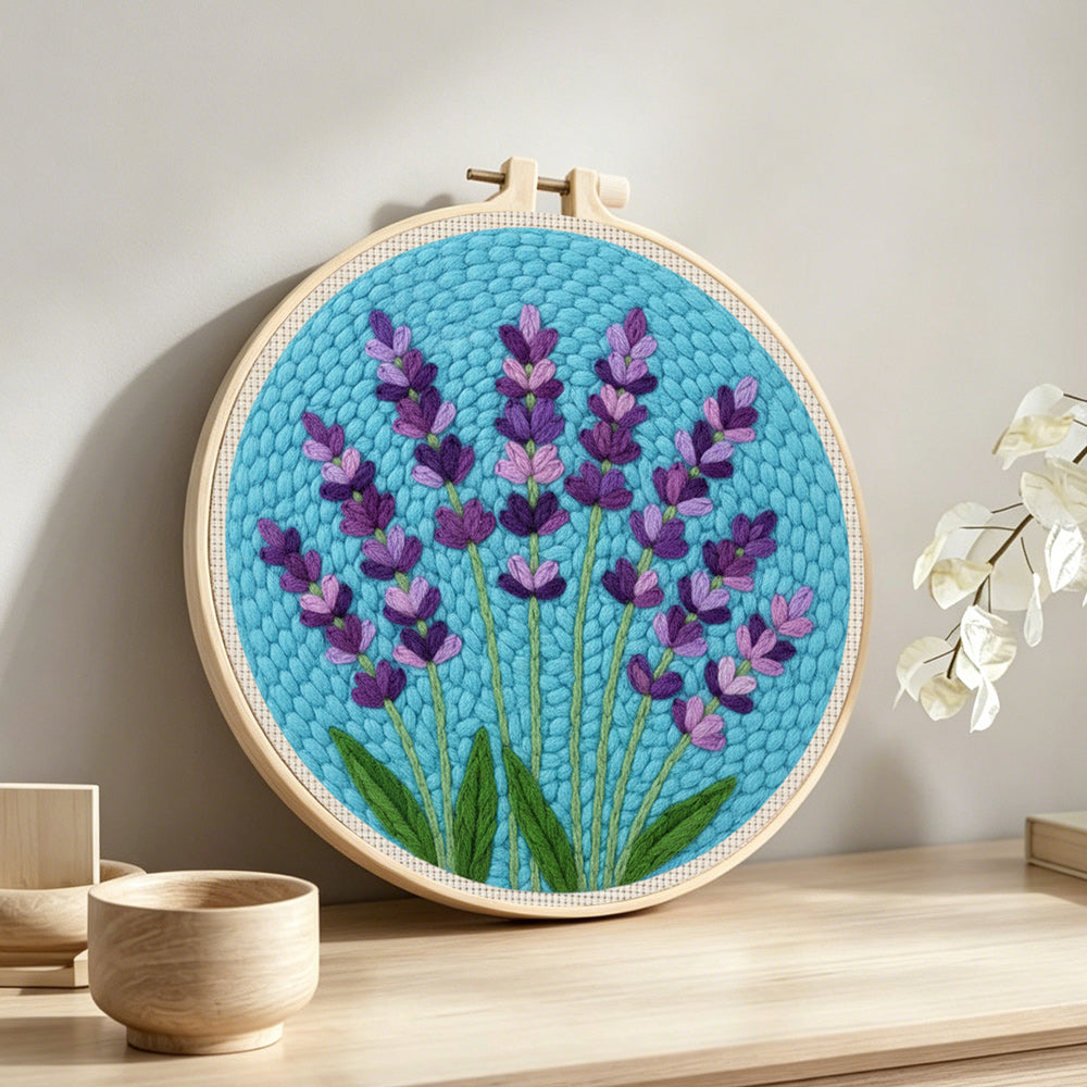 Lavender sprigs punch needle artwork displayed on a table