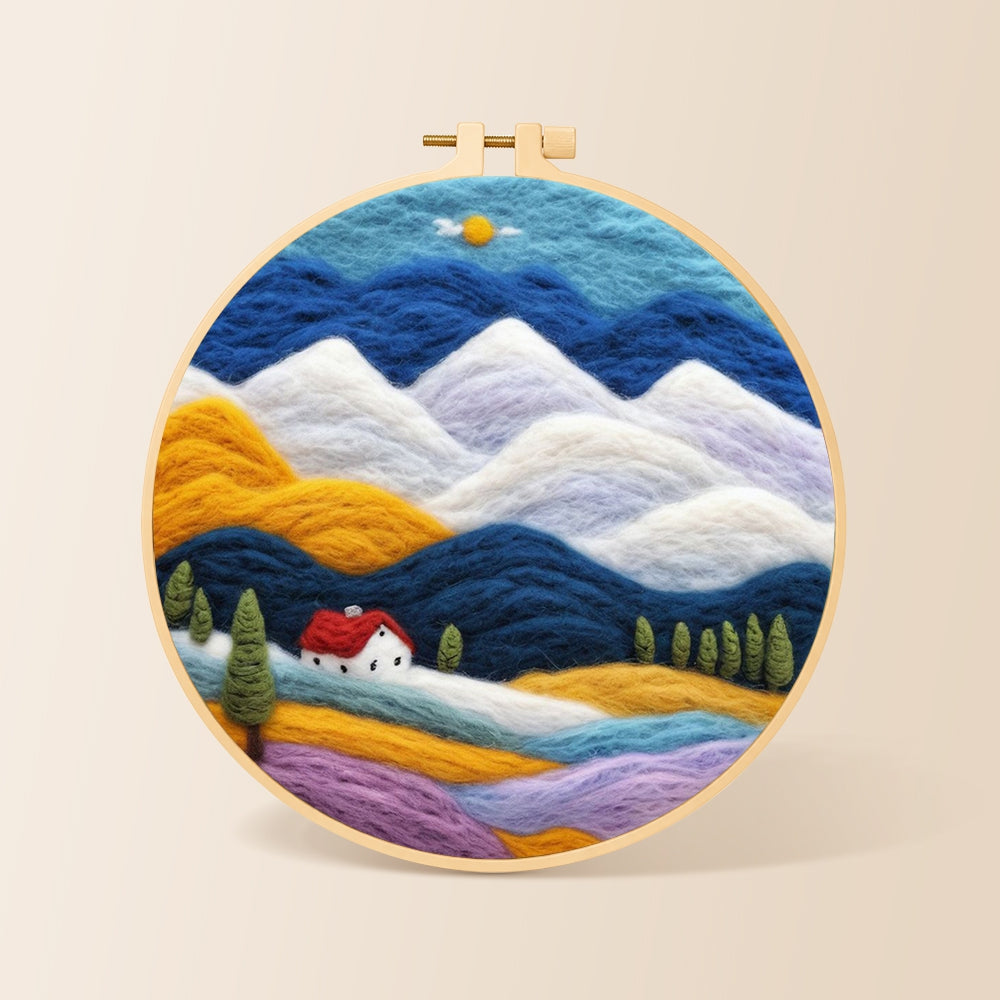 Layered mountains and red-roof cottage needle felting kit for beginners with a round wooden frame