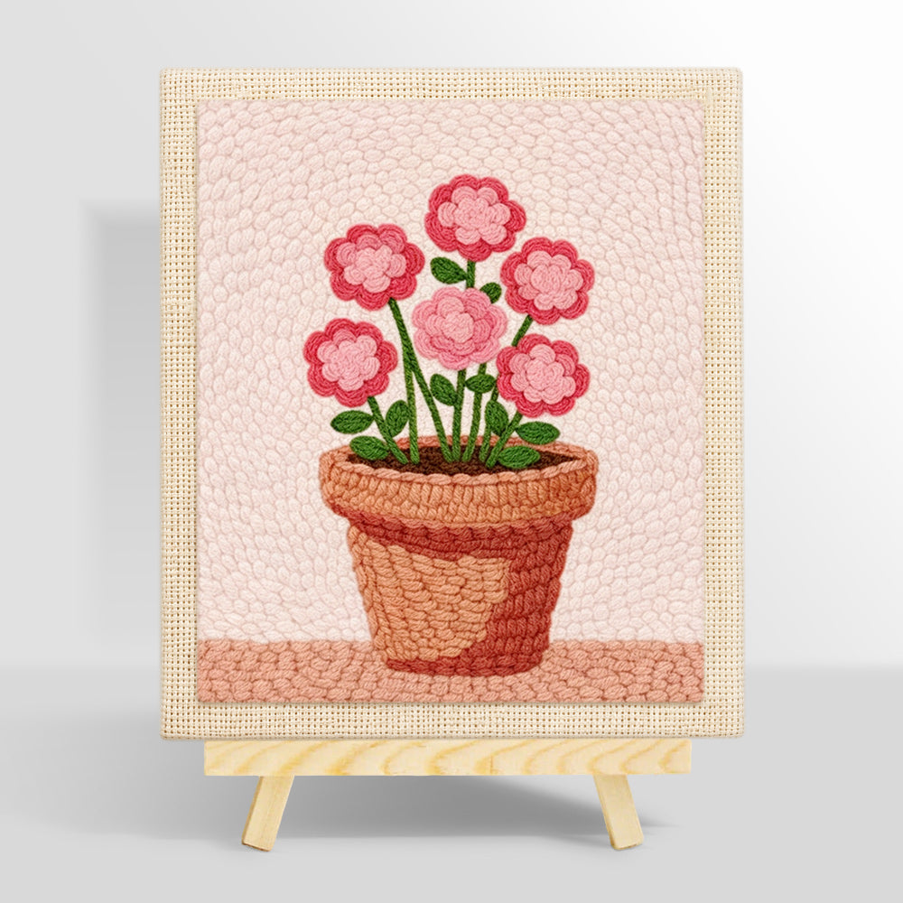 Layered pink flowers in pot punch needle kit for beginners