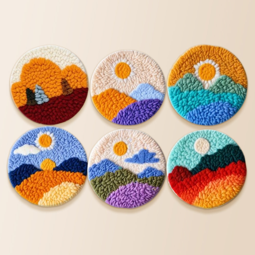 Layered sunrise mountains punch needle coaster kit finished handmade coasters