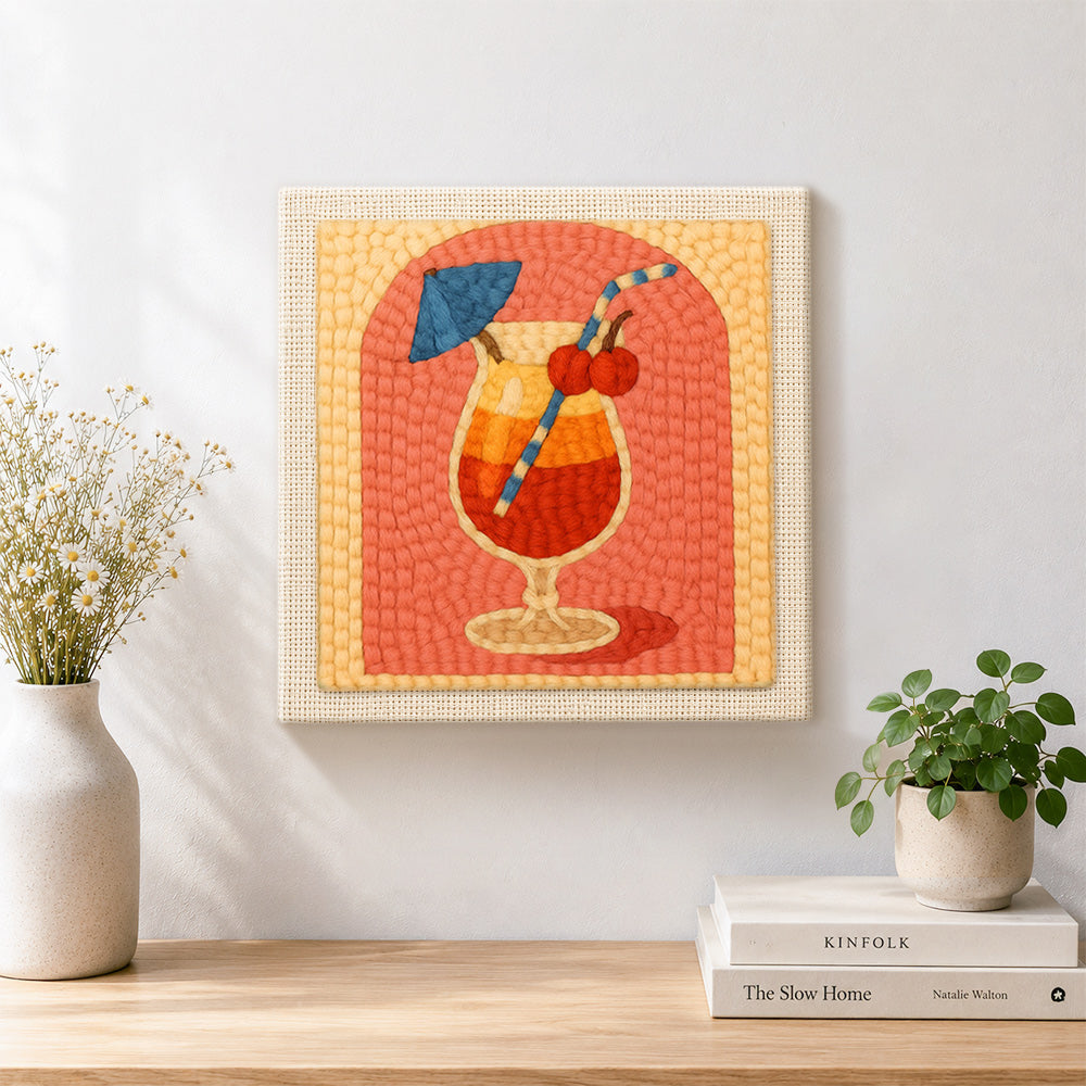 Finished layered tropical cocktail artwork displayed on a wall