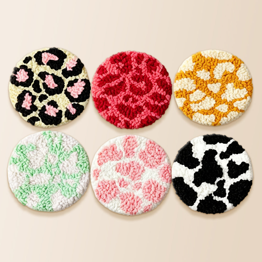 Leopard print and cow print punch needle coaster kit finished handmade coasters
