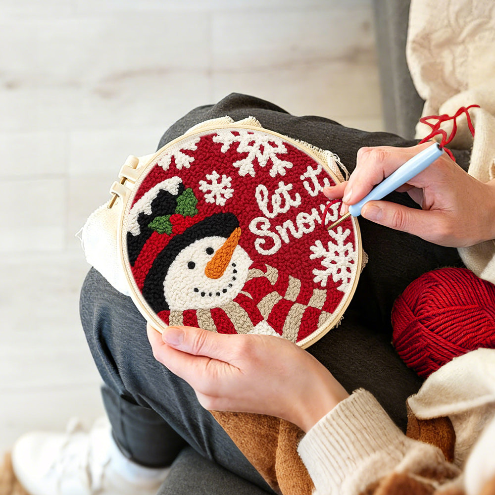 Creating handmade “let it snow” snowman with scarf punch needle artwork