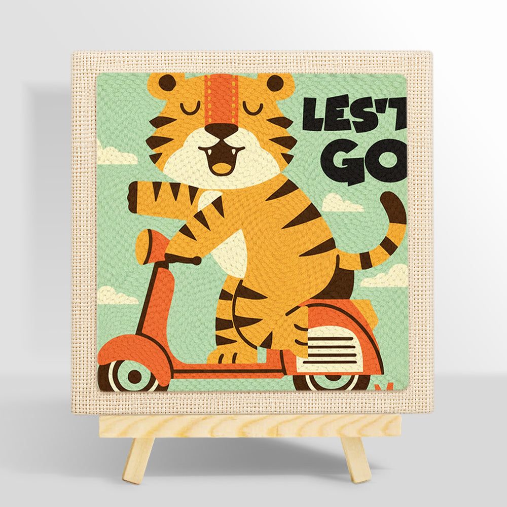 "LET'S GO" tiger on scooter punch needle kit for beginners