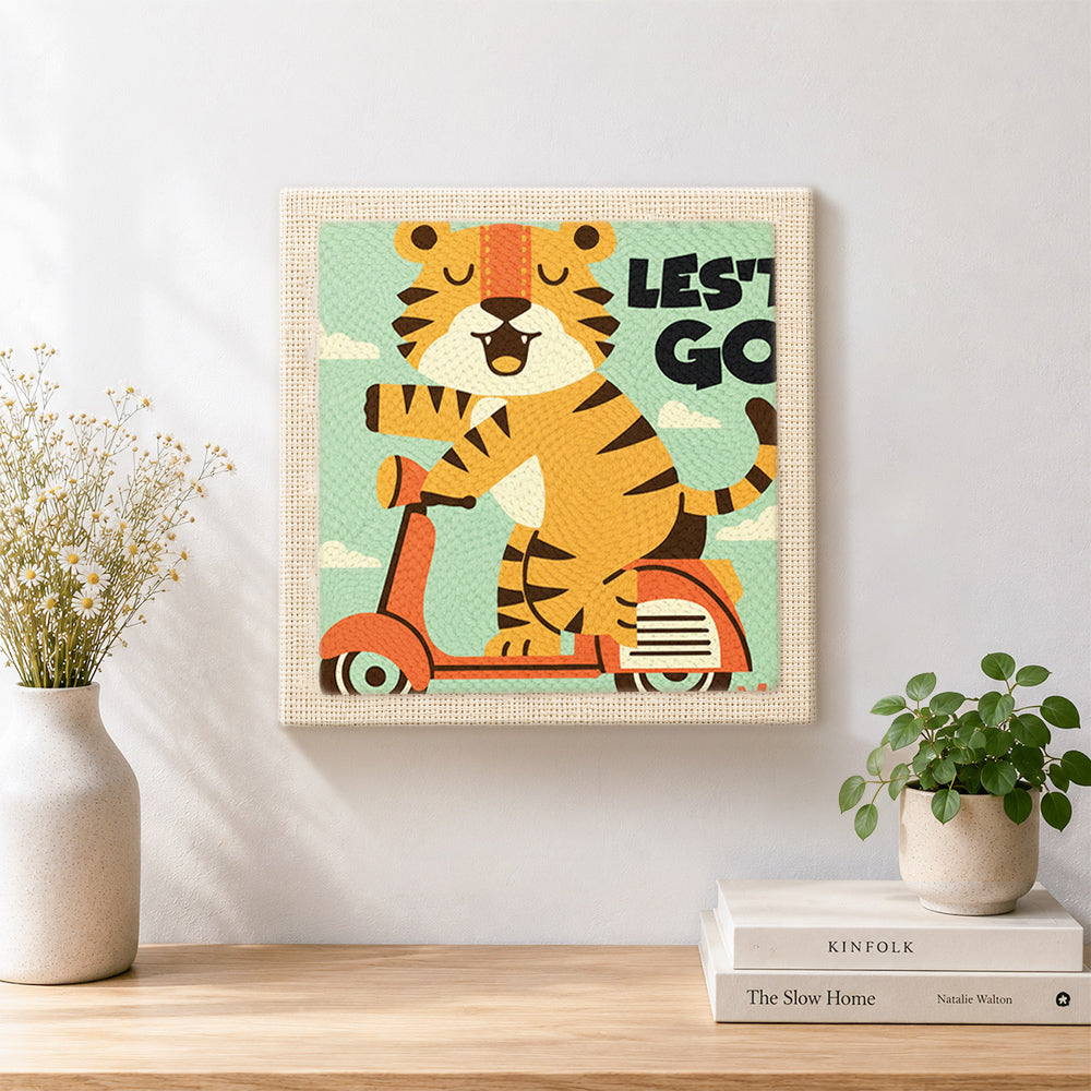 Finished "LET'S GO" tiger on scooter artwork displayed on a wall