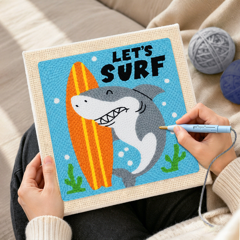 Creating handmade "LET'S SURF" shark with surfboard punch needle artwork